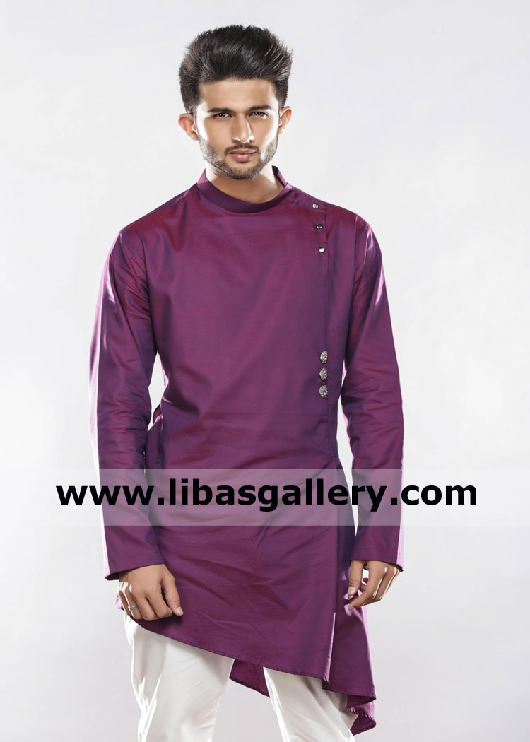 Angrakha style magenta gents kurta with white pajama