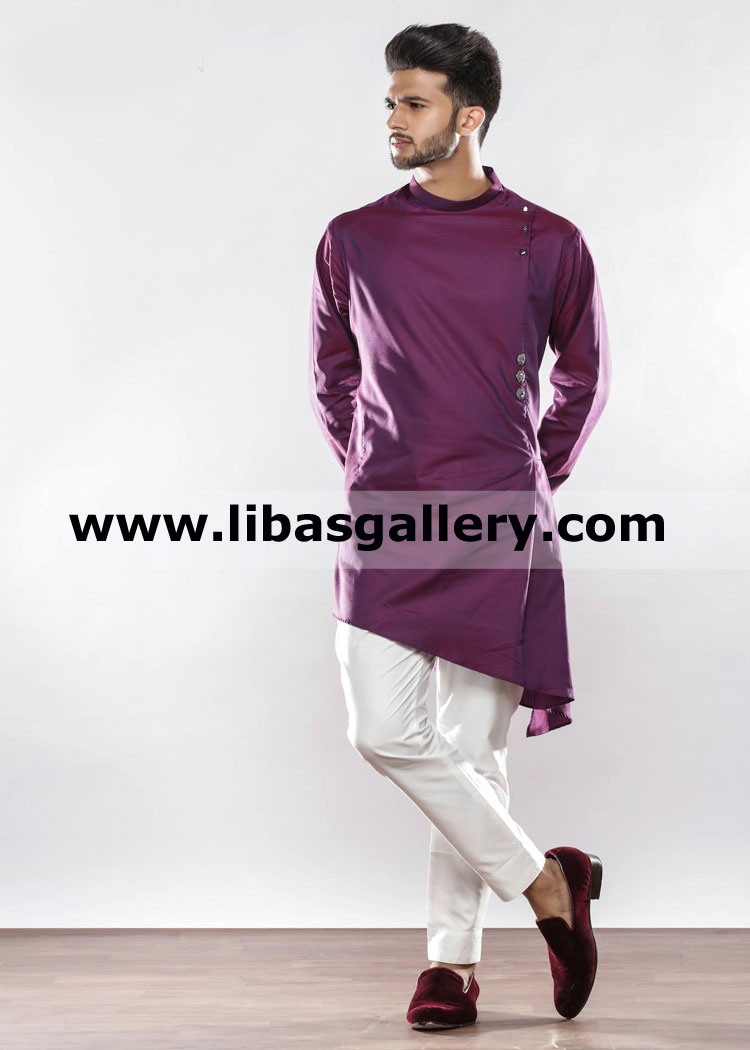 Angrakha style magenta gents kurta with white pajama