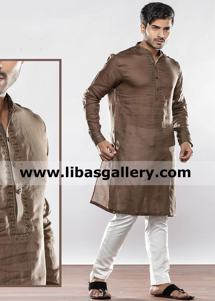 gents dark shade regular fit kurta embroidered
