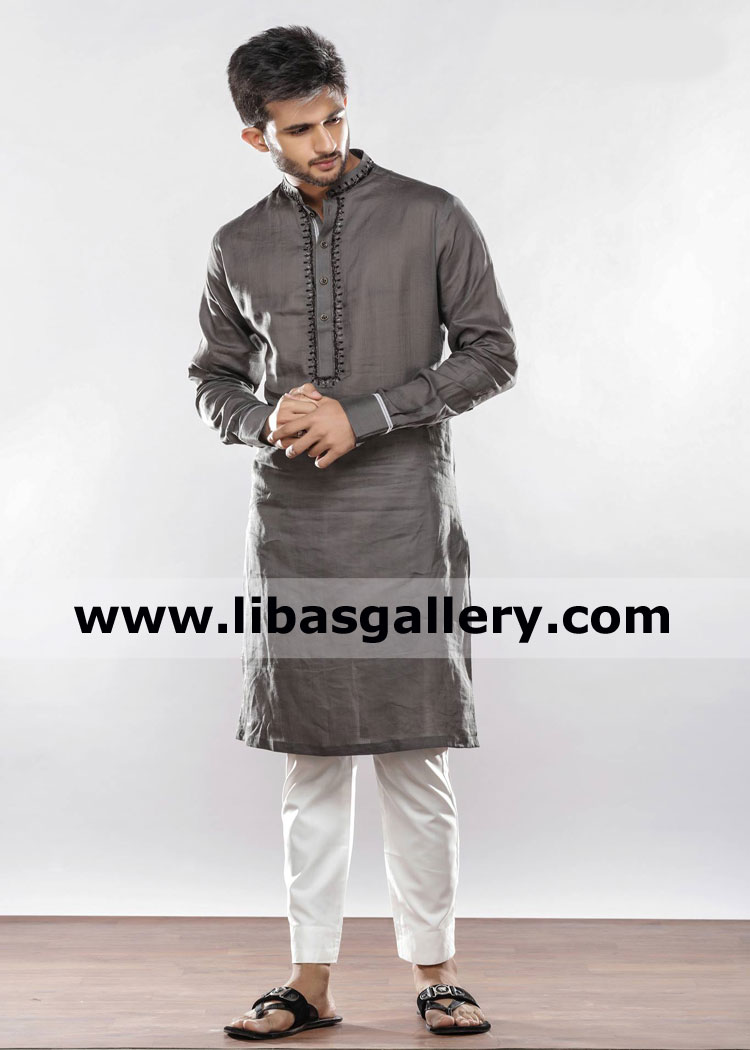 Gray kurta gents embroidered for eid and jumma prayer