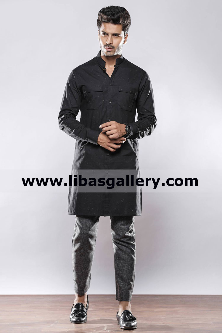 Bespoke Black kurta for gents with slim fit stylish pajama