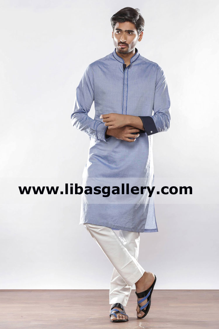 Traditional embroidered blue kurta for gents party hangout