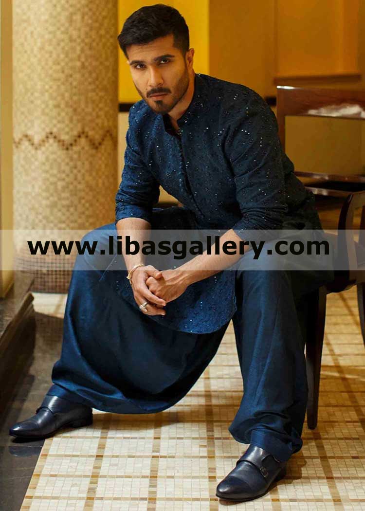 Latest stylish Pakistani slim fit embroidered kurta series button and shalwar