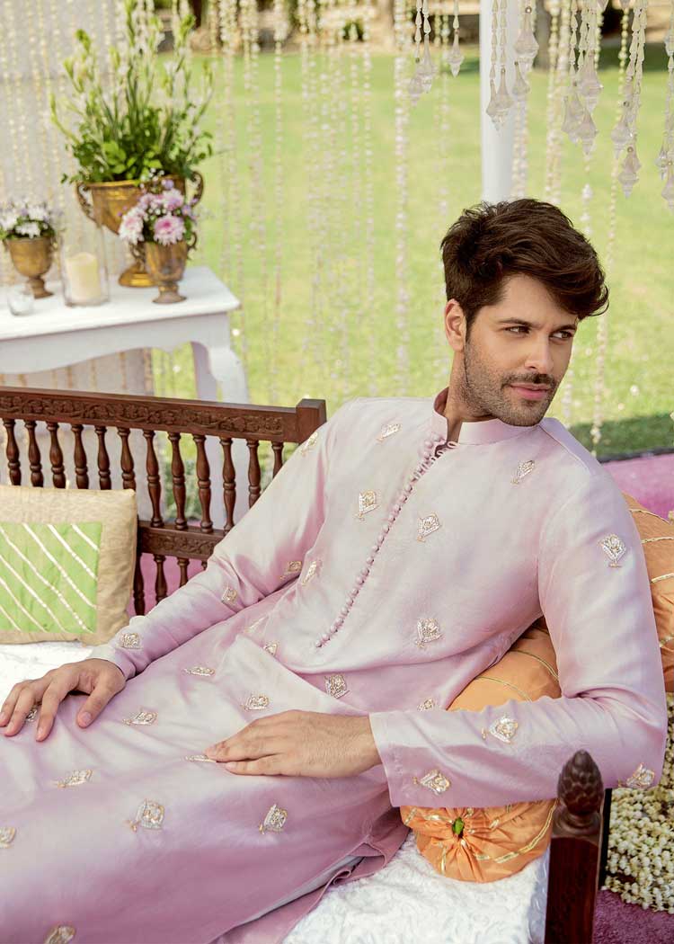Fuchsia kurta embroidered for man with loop buttons neckline