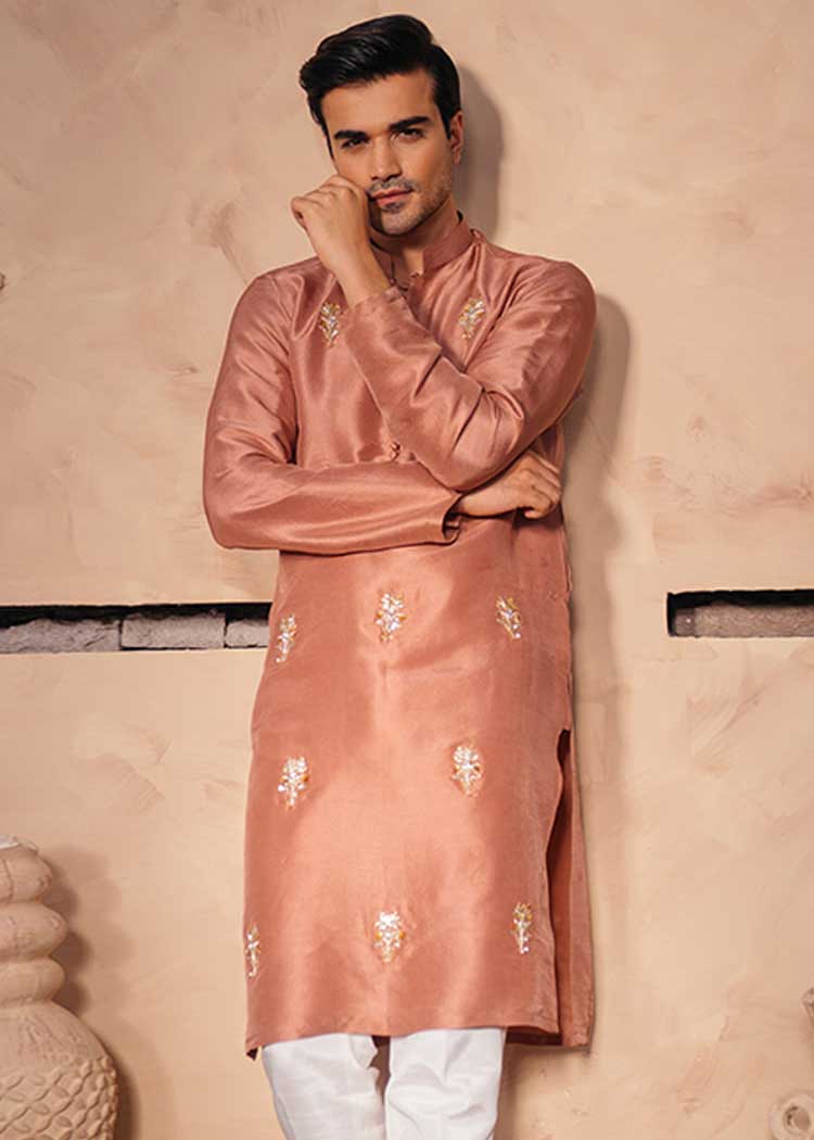 Tea pink embroidered Men Kurta and White Pants