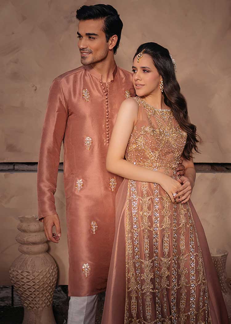 Tea pink embroidered Men Kurta and White Pants