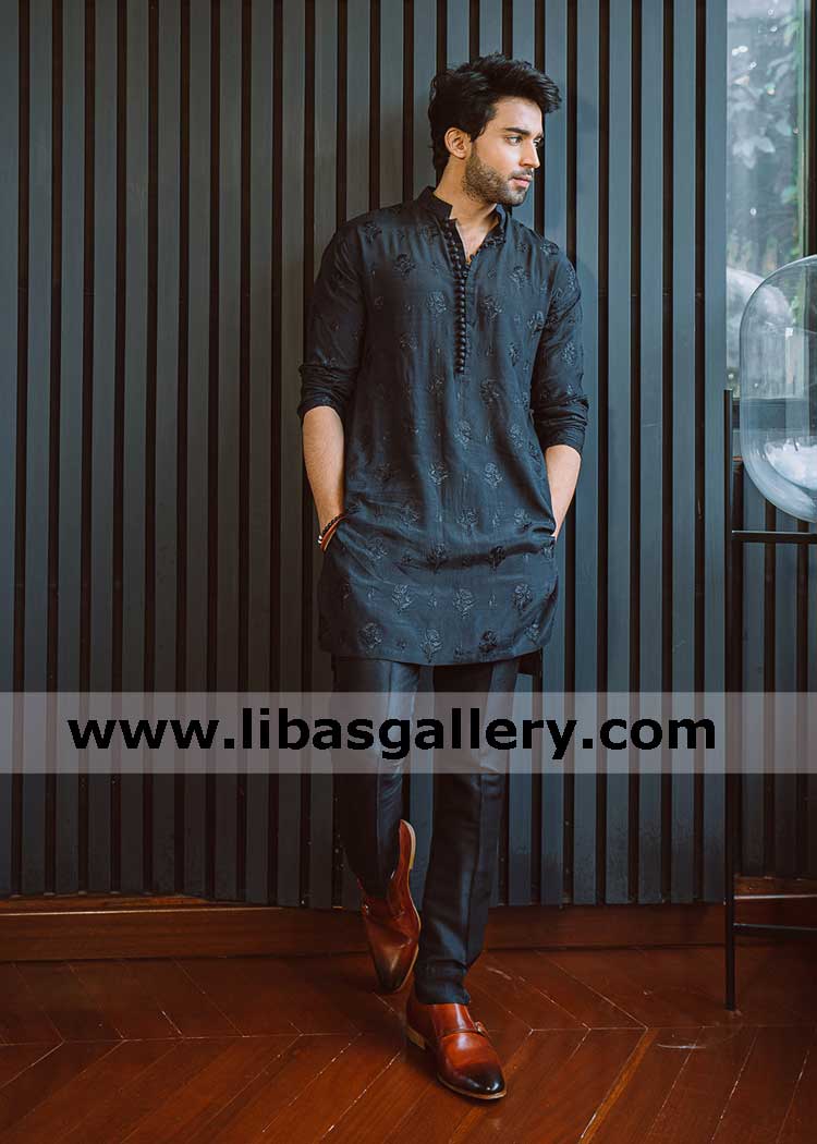 Subtle embroidery detailing signature Black mens kurta
