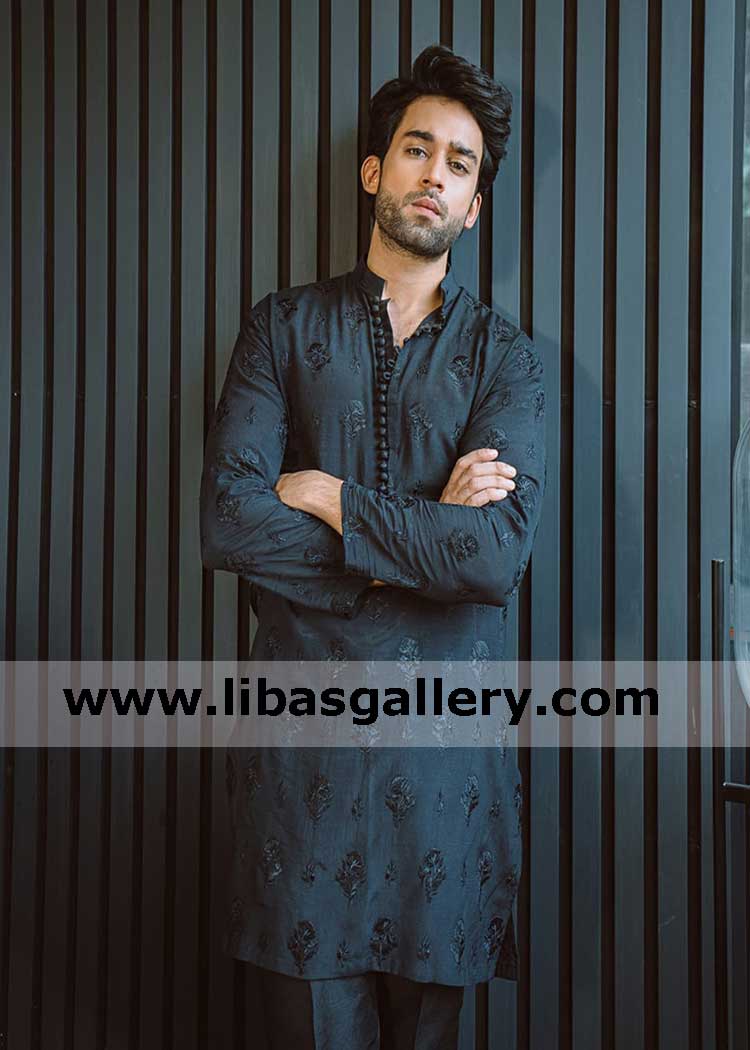 Subtle embroidery detailing signature Black mens kurta