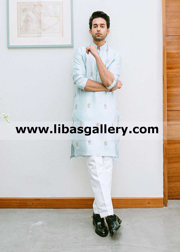 Ice blue embellished kurta for charming wise man