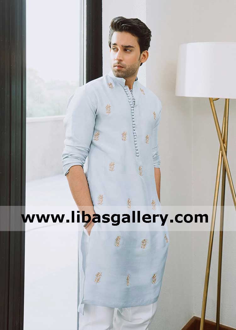 Ice blue embellished kurta for charming wise man