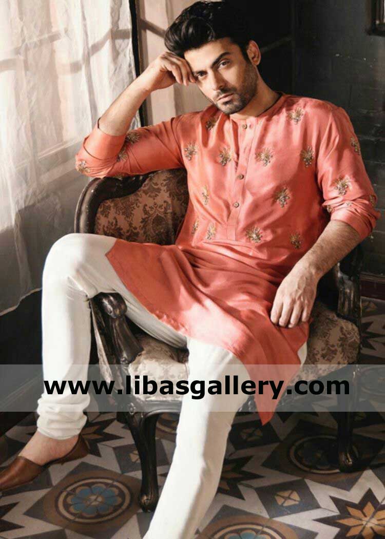 Reddish orange embroidery motifs men kurta suit