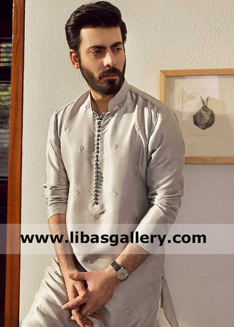 Gray Men kurta with Loop Buttons and white Trouser