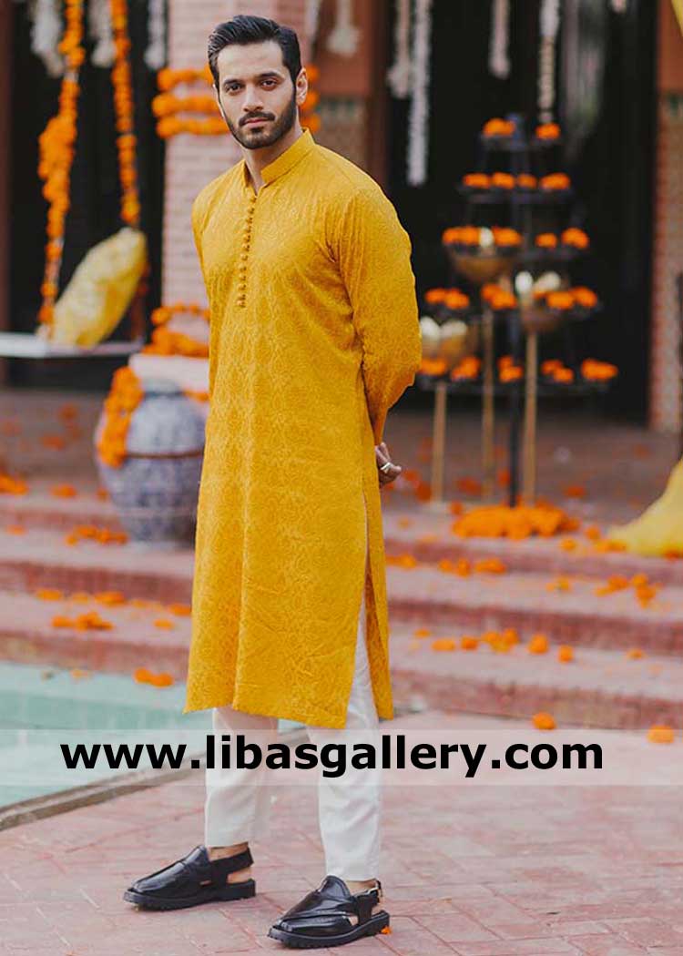 Yellow Self Print Kurta for Men Mehndi Haldi Event