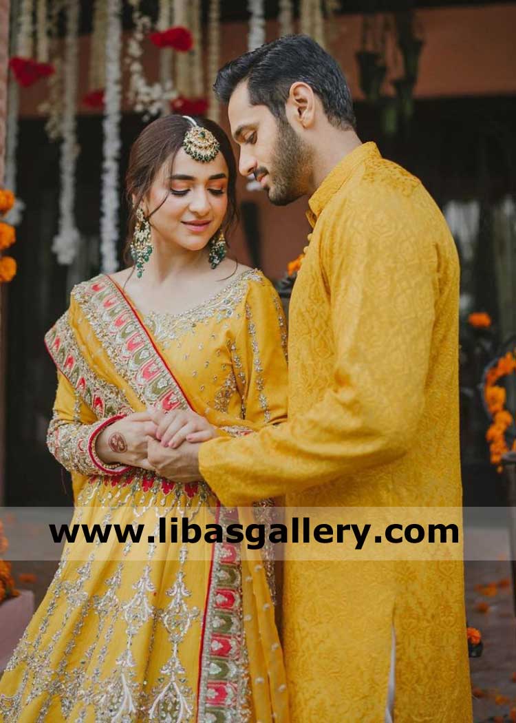 Yellow Self Print Kurta for Men Mehndi Haldi Event