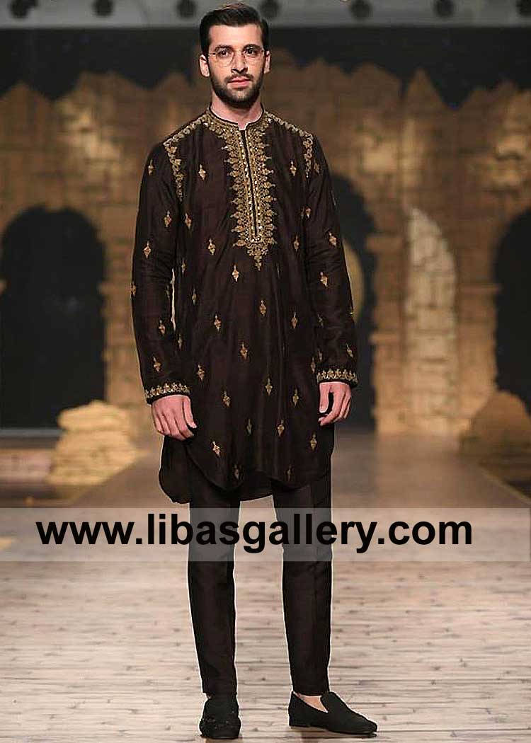 Livid Brown Men Gold Embroidered Kurta Pajama Dress