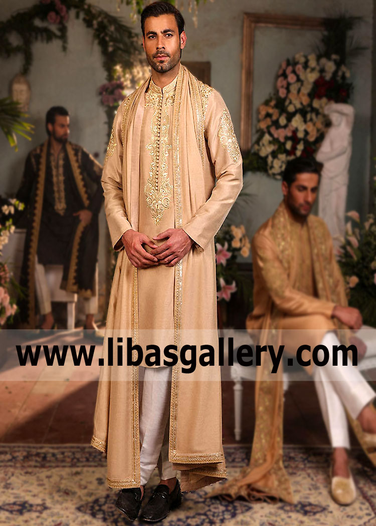 Peach Gold Men Embroidered Kurta with Loop Buttons in Series