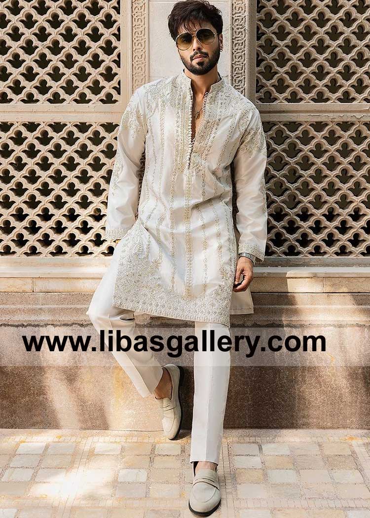 Menswear Couture Soft Gray Raw silk Hand Embellished Men Kurta Trouser