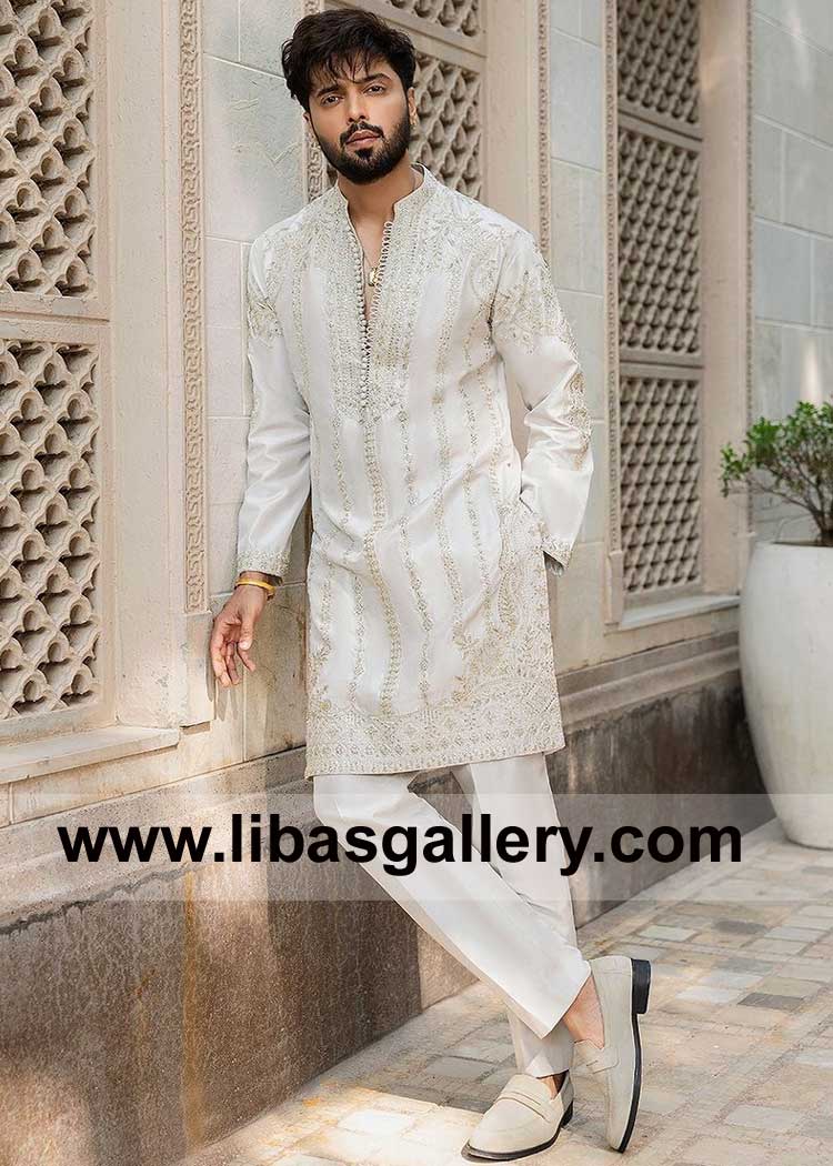 Menswear Couture Soft Gray Raw silk Hand Embellished Men Kurta Trouser