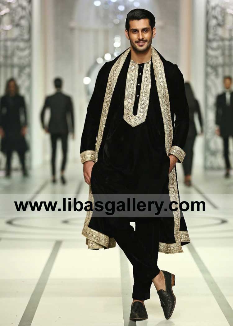 Jet Black thread embroidered Velvet men kurta Pajama for Occasion