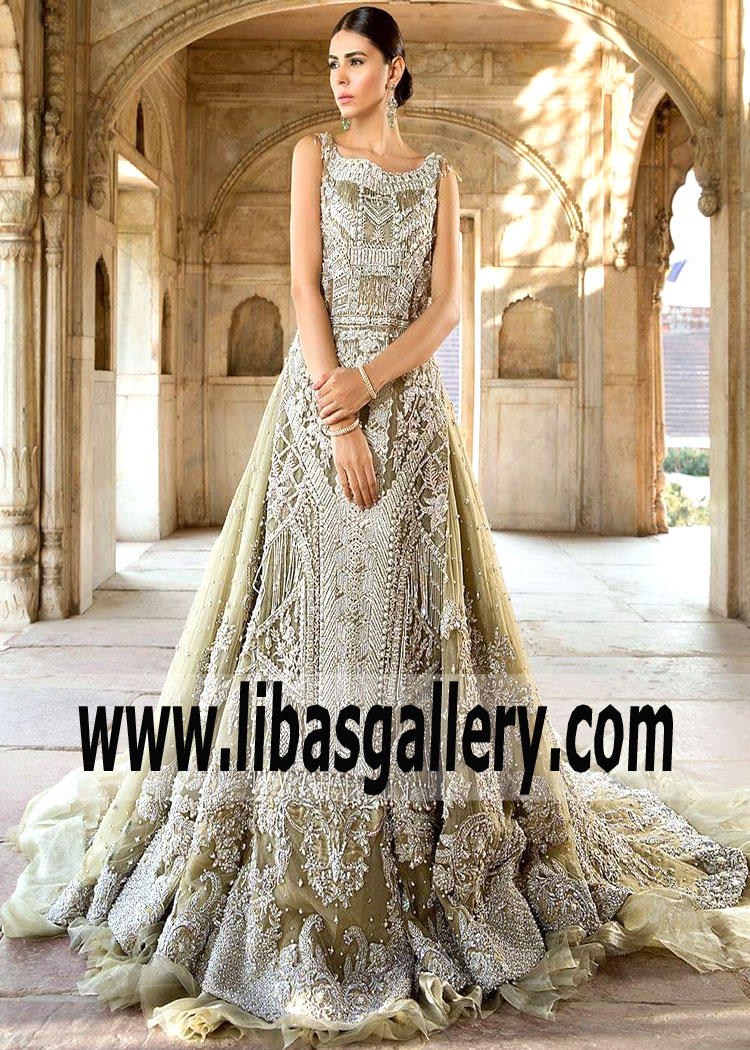 SLEEVELESS FLORAL EMBELLISHED A LINE WEDDING DRESS BY ERUM KHAN