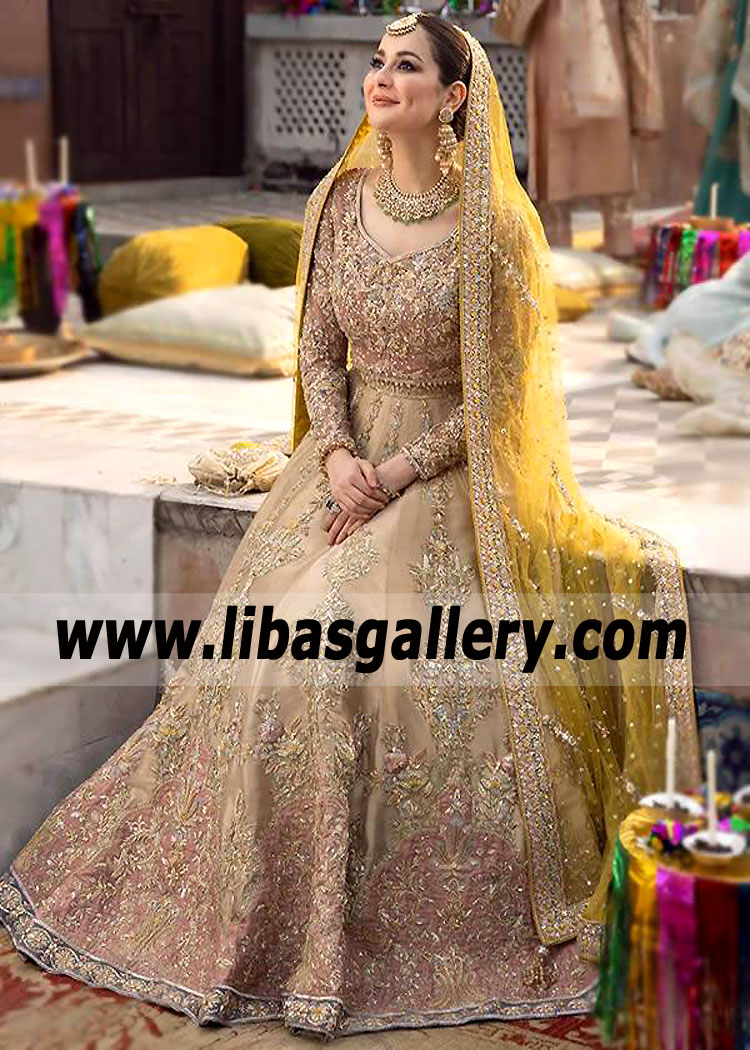 Redwood Khaki Marigold Walima Bridal Lehenga