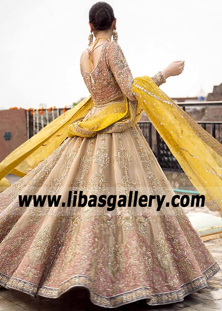 Redwood Khaki Marigold Walima Bridal Lehenga