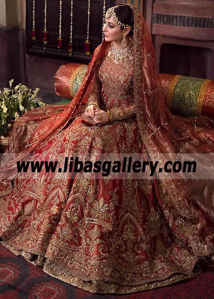 Deep Red Daisy Pishwas Bridal Dress