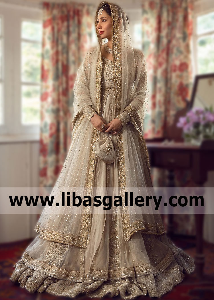 Ivory Gold Greliya Embellished Pishwas Dress