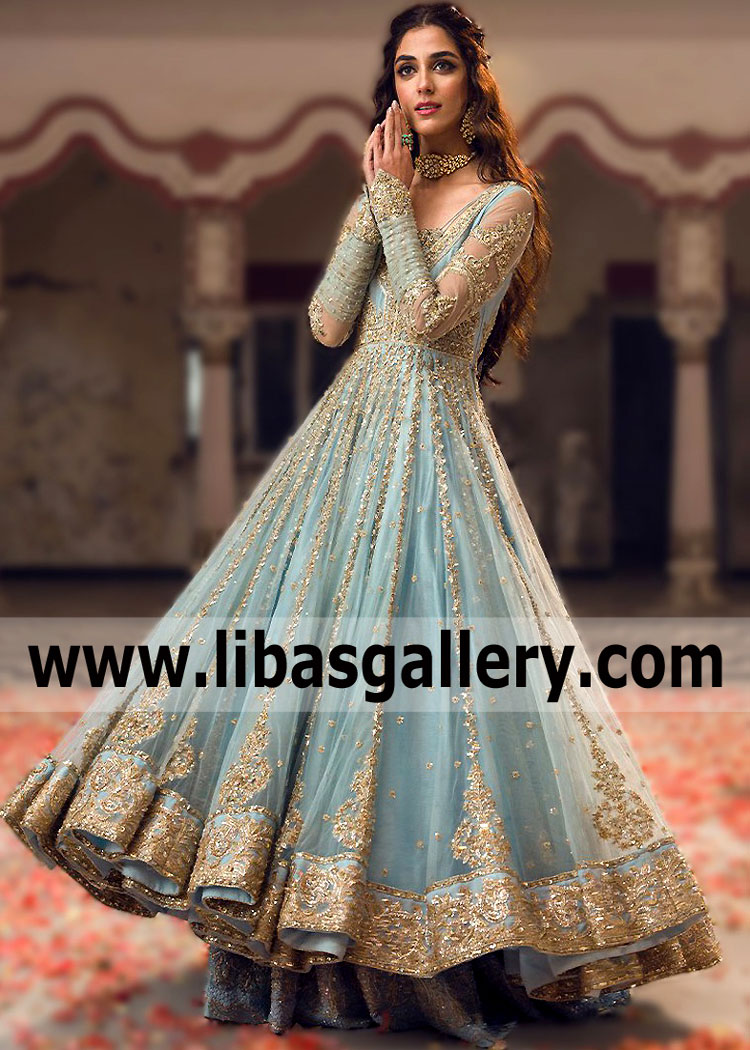 Powder Blue Florette Bridal Pishwas Lehenga