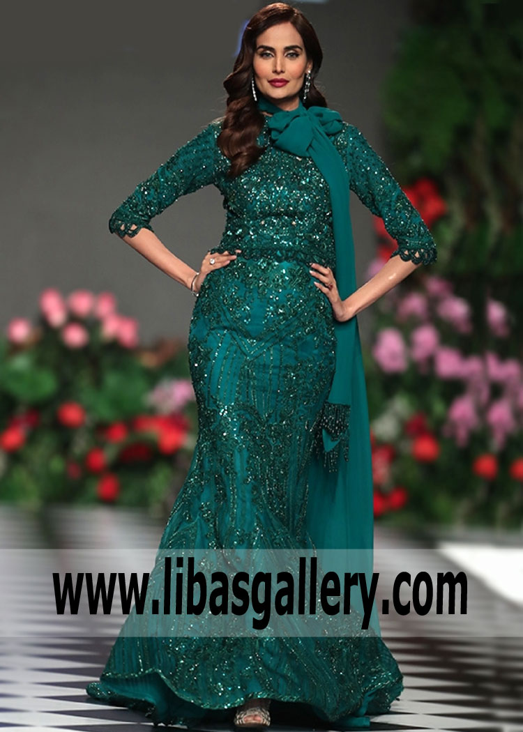 Midnight Green Excessively Detailed Top Mermaid Lehenga By Faraz Manan