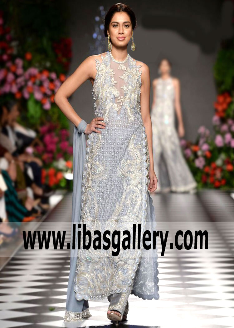 Lavender Gray Embellished Halter Shirt Trouser Suit for Party By Faraz Manan