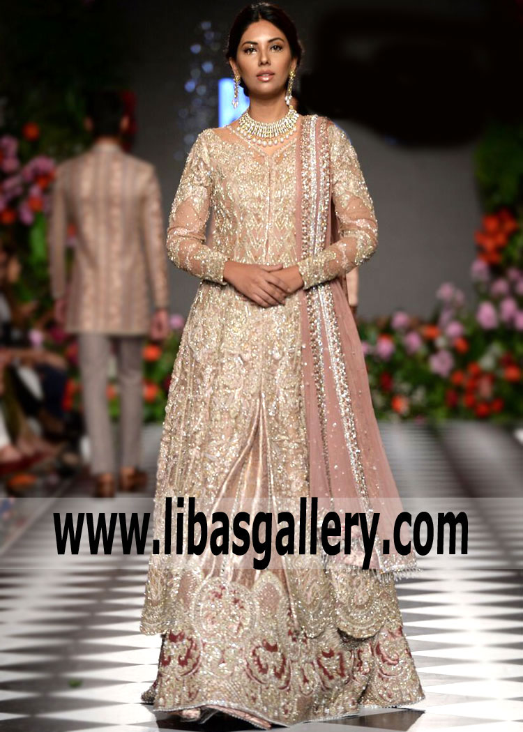 Old Rose Painstakingly Embellished Jacket with Lehenga By Faraz Manan
