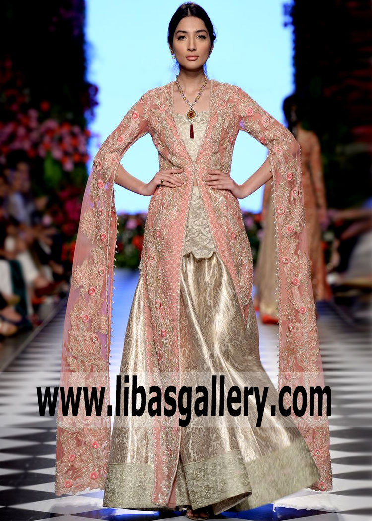 Brink Pink Flared Sleeves Embellished Jacket with Sharara By Faraz Manan