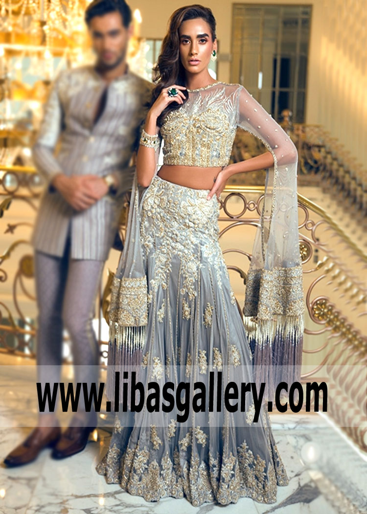 Slate Gray Long Sleeved Tassels Top with Voluminous Embellished Lehenga By Faraz Manan