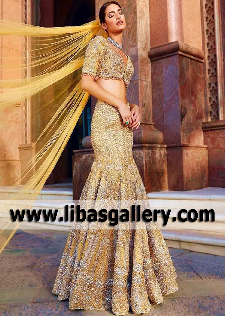 Saffron Mermaid Lehenga for Wedding Reception Walima Events