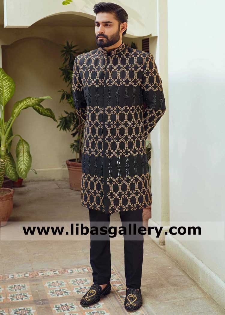 Black Gold Royal Wedding Sherwani for Groom