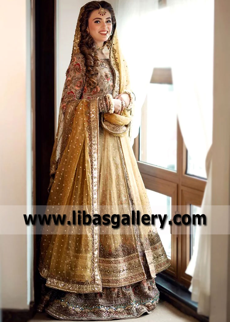 Antique Gold Flora Pishwas Lehenga
