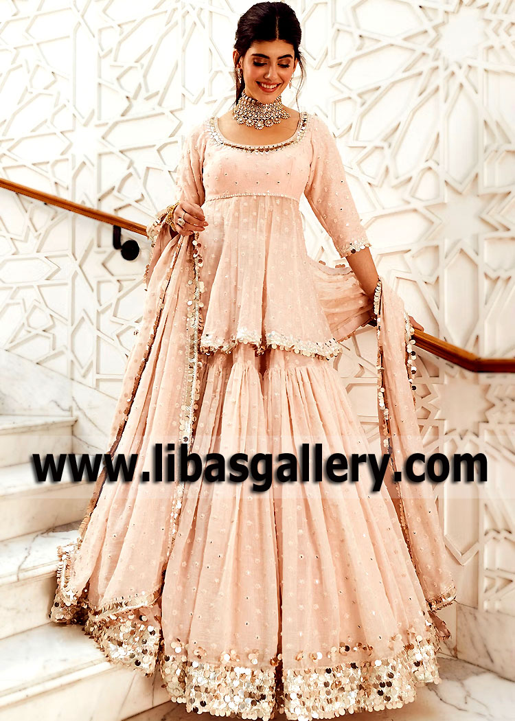 Blush pink Mirror Embroidered Peplum Lehenga