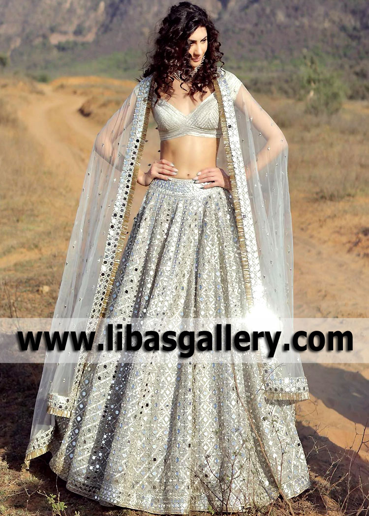 Luxurious Sheesh Mahal Embellished Bridal Lehenga Wichita Kansas USA Indian Wedding Dresses