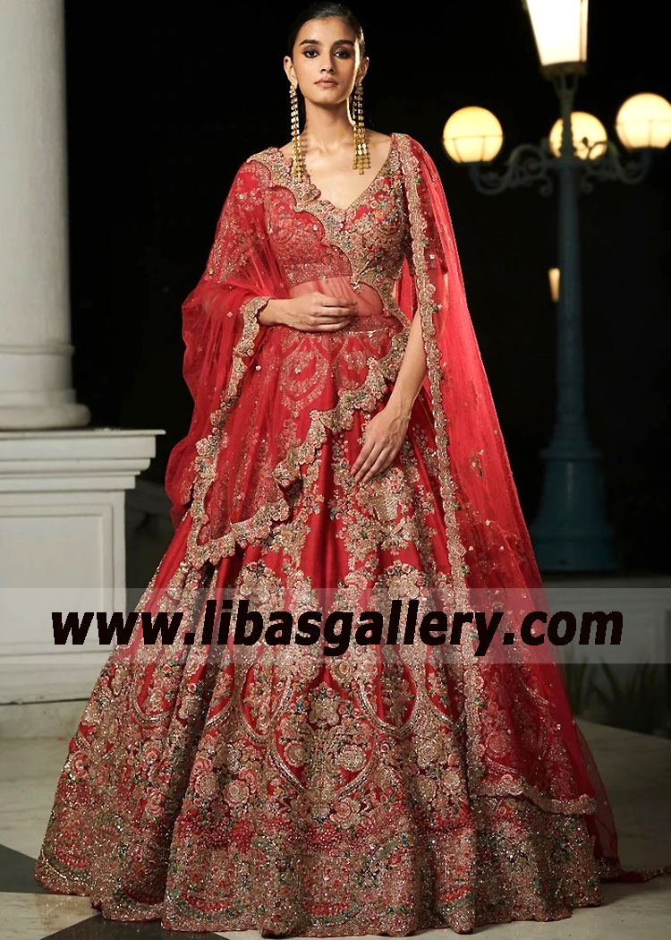 Crimson Red Bergenia Bridal Lehenga