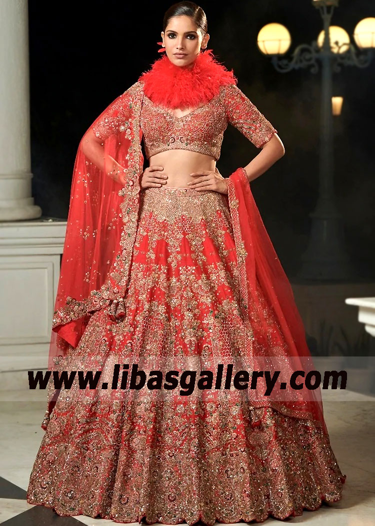 Persian Red Magnolia Raw Silk Bridal Lehenga