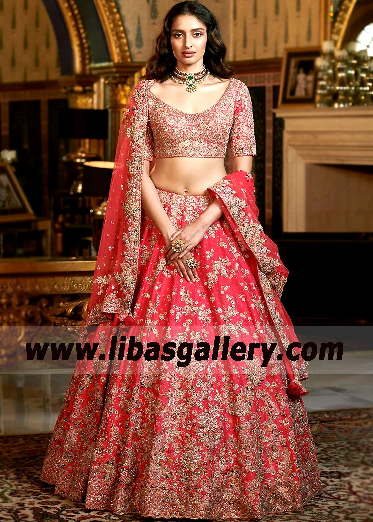 Amaranth Gladiolus Raw Silk Bridal Lehenga