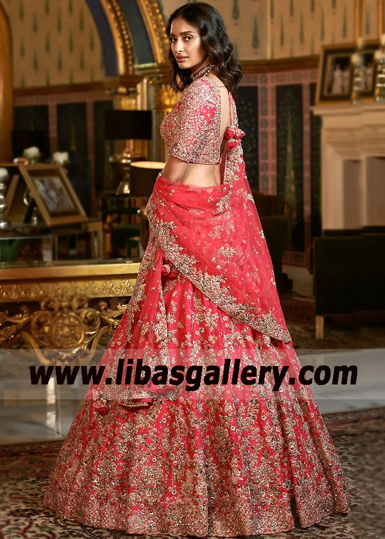 Amaranth Gladiolus Raw Silk Bridal Lehenga