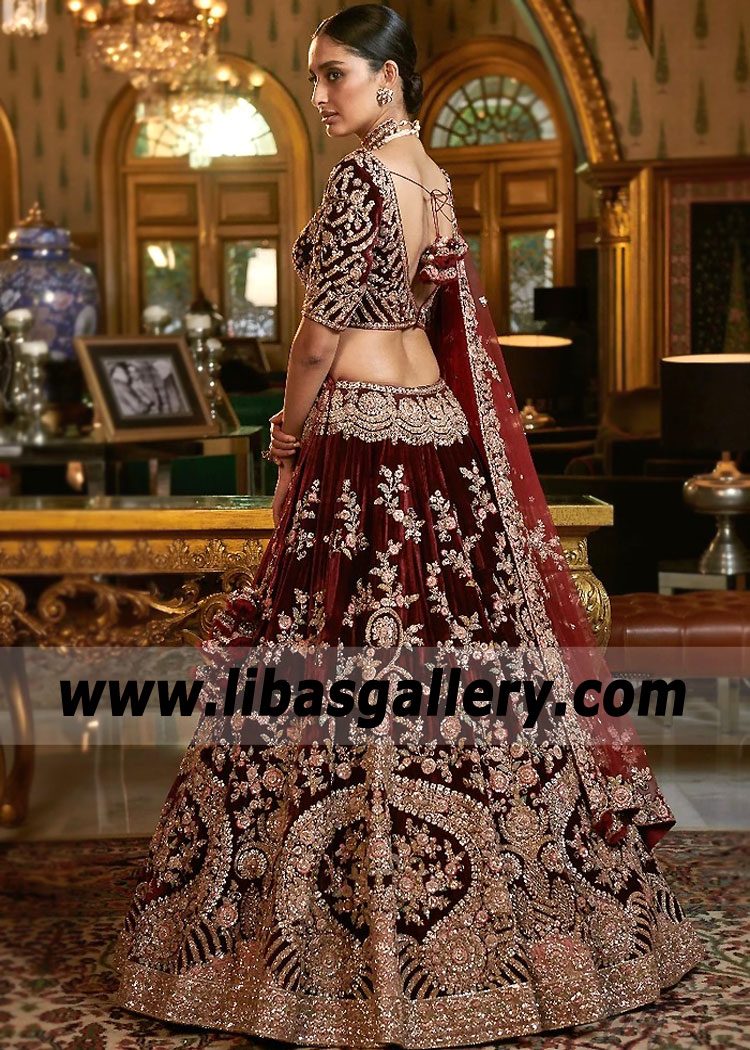 Burgundy Crinum Velvet Bridal Lehenga