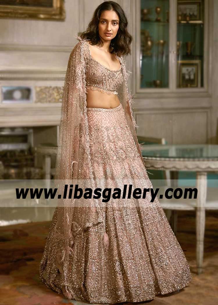Dust Pink Tansy Shimmer Tulle Bridal Lehenga