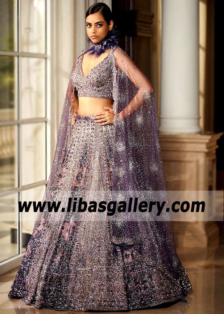 Majestic Berry Blue Shimmer Tulle Bridal Lehenga