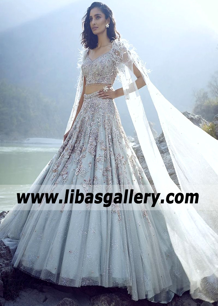 Ice Blue Magnolia Indian Bridal Lehenga