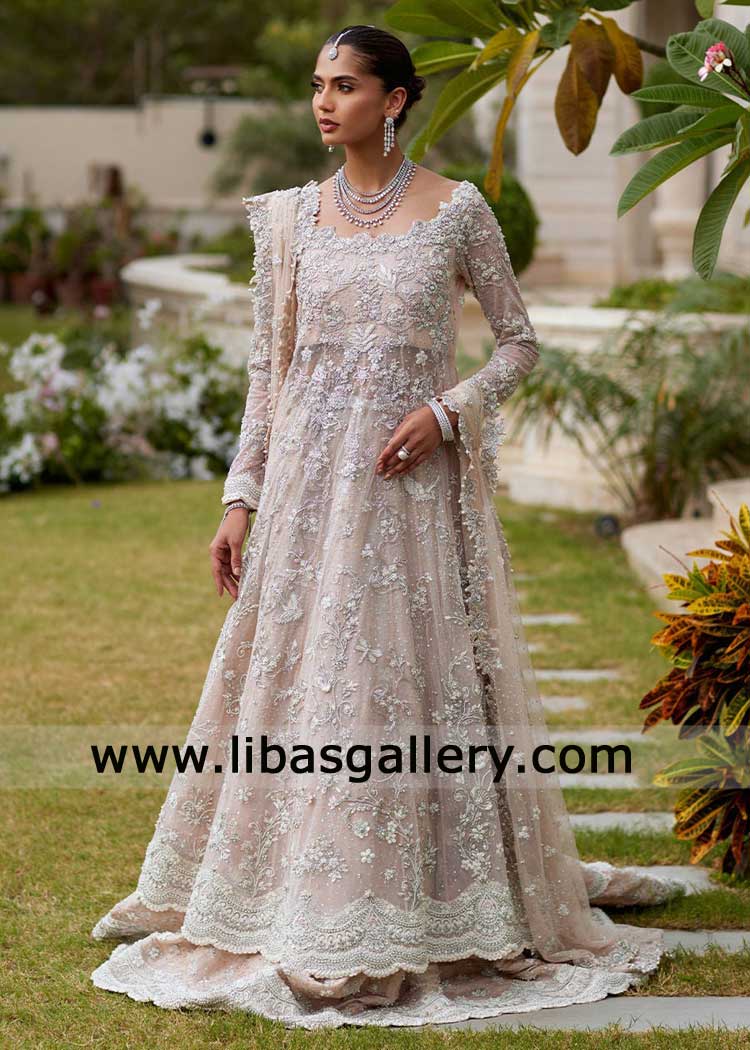 Pale Pink Kalidar Bridal Lehenga Dress for Wedding