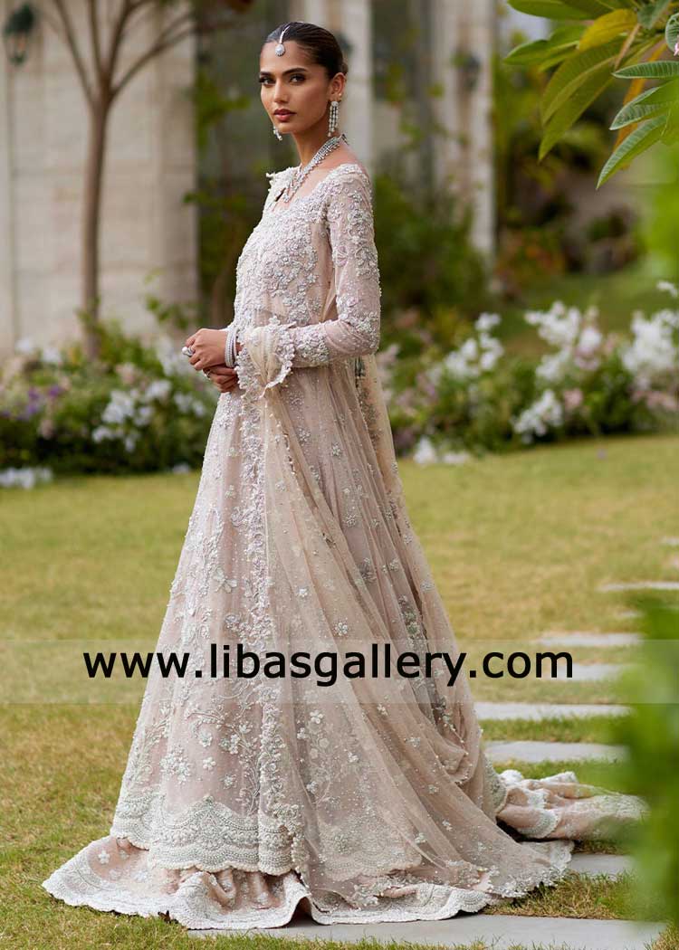Pale Pink Kalidar Bridal Lehenga Dress for Wedding