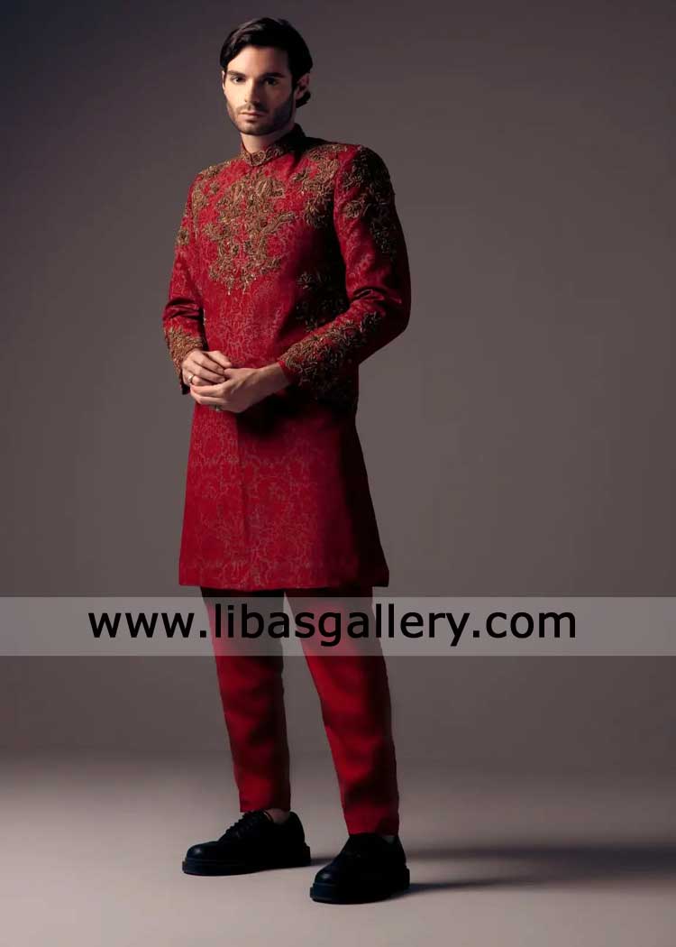 Maroon Grand Wedding Raw Silk Sherwani